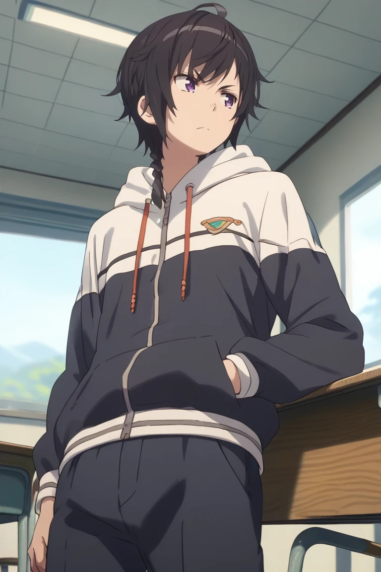 Score_9,score_8_up,score_7_up,Highly detailed, masterpiece, high quality, beautiful, high resolution, good details,1boy,solo,male focus,mezcla5v2,azuma jimon,black hair,purple eyes,braid,single braid,hooded_jacket,classroom,pants,:),looking to the side,from below<lora:EMS-412513-EMS:1.000000>, <lora:EMS-434677-EMS:0.800000>