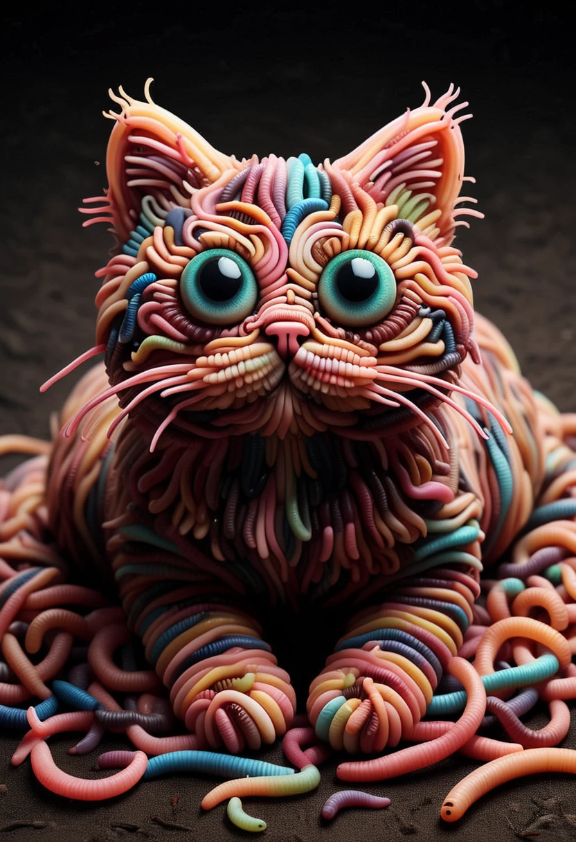 W0Rm5, a cute cat is made entirely from colorful worms, detailed face, (big eyes:0.9), detailed eyes, (long eye lashes, ,Masterpiece,best quality, raw photo, realistic, very aesthetic