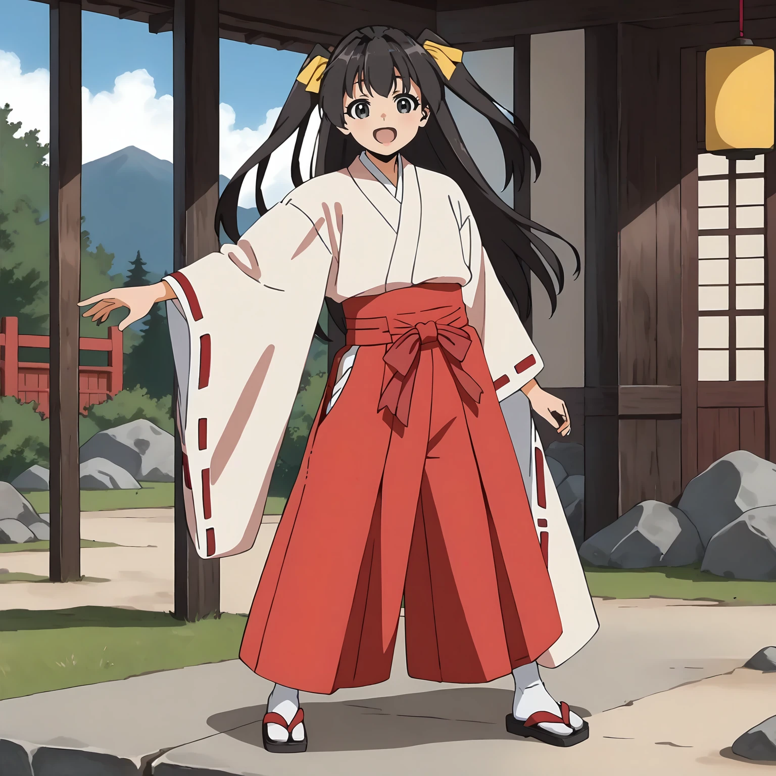 <lora:TES_HikaruXLpony002>,
smile,open mouth,
solo,
Hikaru,1girl,black brown hair,two -side up,hair ribbon,long hair,black eyes,
miko,japanese clothes,ribbon-trimmed sleeves,
red hakama,
outdoors,
full body,standing,