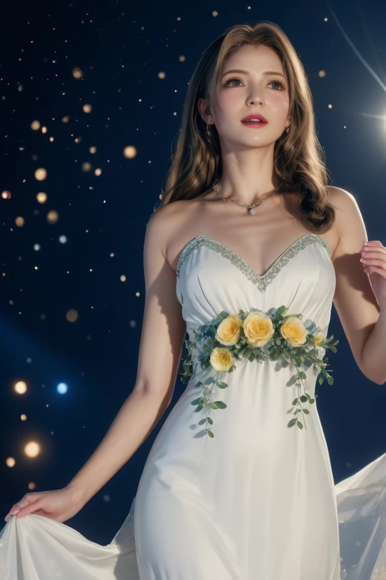 solo promise_dress, long hair, lips, breasts, white dress, jewelry, earrings, flower, on stage, singing, starry sky,
sharp focus, raw photo, photorealistic, masterpiece, best quality, hires, intricate details, HDR, 8k resolution, ray-tracing, 35mm, 
<lora:Aerith_-_No_Promises_to_Keep:0.9>