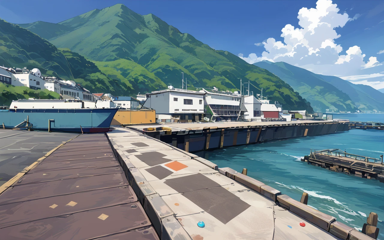 <lora:JP_concrete_pier:0.9>, (anime coloring, anime visual), masterpiece, best quality, high quality, ((view from ground)), JP_concrete_pier, concrete pier, tetrapod, beach, ocean, blue sky, boat, town, cloud, day, horizon, island, mountain