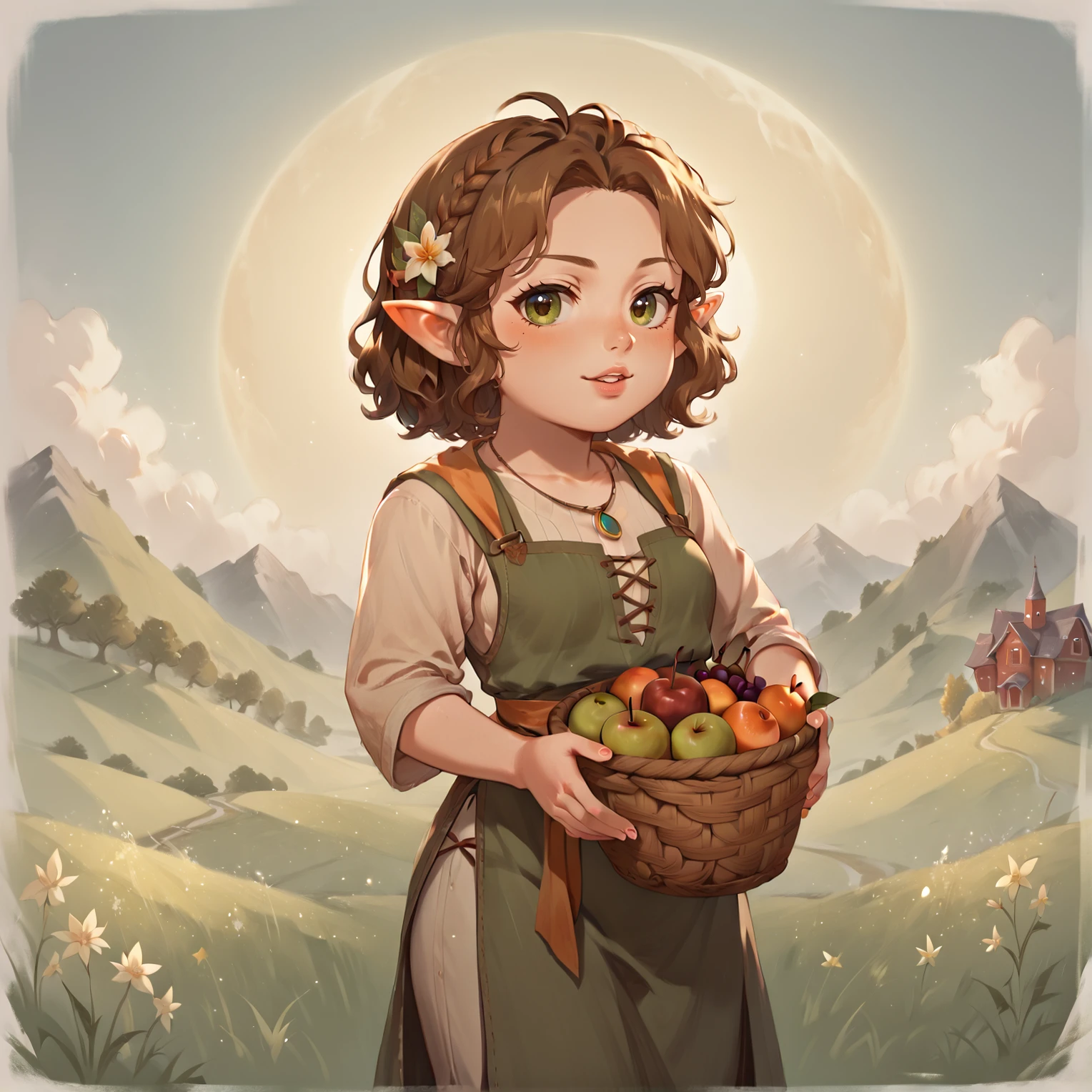 1girl, brown hair, fruit basket, pointy ears, field, <lora:Halflings_Pony_XL:1>, halflings, hobbits, BREAK score_9, score_8_up, score_7_up, best quality, masterpiece, 4k, prefect lighting, very aesthetic, anime, zPDXL2, <lora:IriaStylePony:0.8>, IRIaStyle, chibi