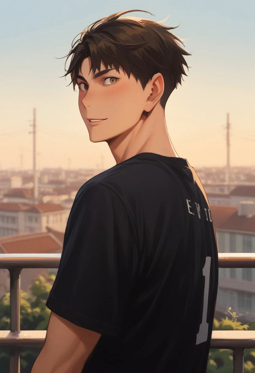 score_9, score_8_up, score_7_up, source_anime, rating_safe, Ushaikyu, 1boy, male focus, black shirt, wide eyed, parted lips, blush, slight smile, shy, from behind, from side, looking back, blurry outdoor sky, rooftops, railing,