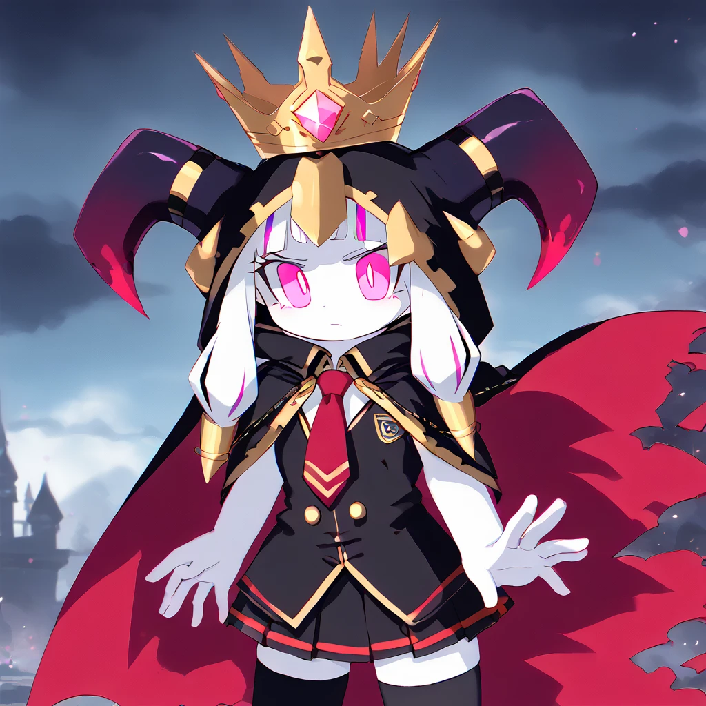 solo
 <lora:Mahoex-10:1>  mahoex, white skin, colored skin, pink eyes, cape, crown, horns, cloak, red cape, black hood
 <lora:bible_black_uniform_xl_v3:0.8> school uniform, white shirt, black vest, black thighhighs, red skirt, red necktie
white hair, streaked red hair