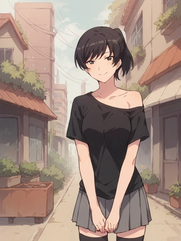 score_9, score_8_up, score_7_up, 
1girl, tsukahara hibiki, black hair, ponytail, black eyes,
medium breasts,
standing outdoors, city, solo, smile, looking at viewer, off shoulder, black t-shirt, short sleeves, pleated skirt, grey skirt, thighhighs,