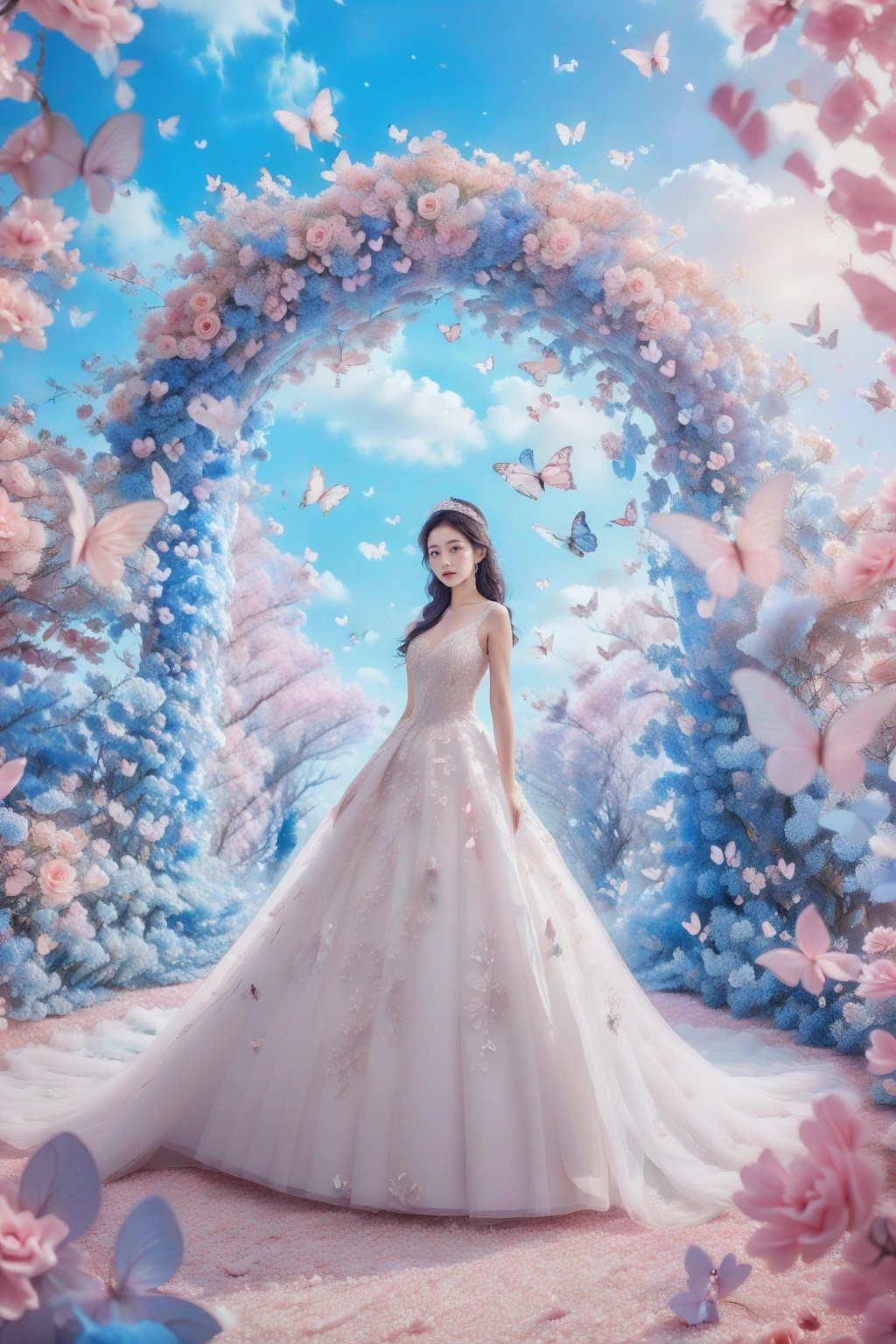 1girl, white wedding dress, looked at viewer,standing,pink heart-shaped arch,flying butterflies and pink flowers,fantasy, full body photo in a dreamy style, high-definition,photography,dreamy background,lighting shooting,soft lighting , super details,surrealism,panoramic style,princess dress, <lora:JAY - FLOWER GATE LOVER:0.8>, (best quality:1.3)