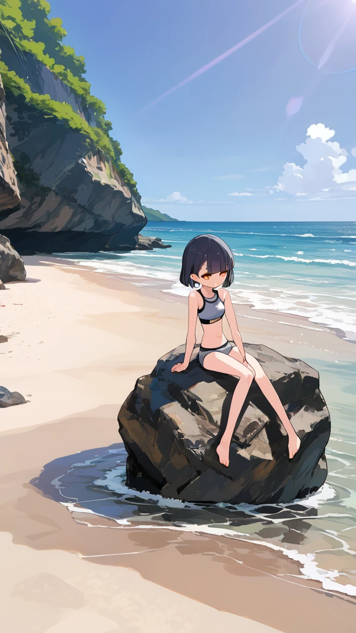 <lora:Pantai_Suluban_Beach:0.9>, (anime coloring, anime visual), masterpiece, best quality, high quality, ((view from ground)), Pantai_Suluban_Beach, beach, cliff, ocean, clear water, (black short hair) girl with orange eyes wearing (gray sports bra and gray sports panty), :o, blunt bangs, half closed eyes, (sitting on the rock, full body)