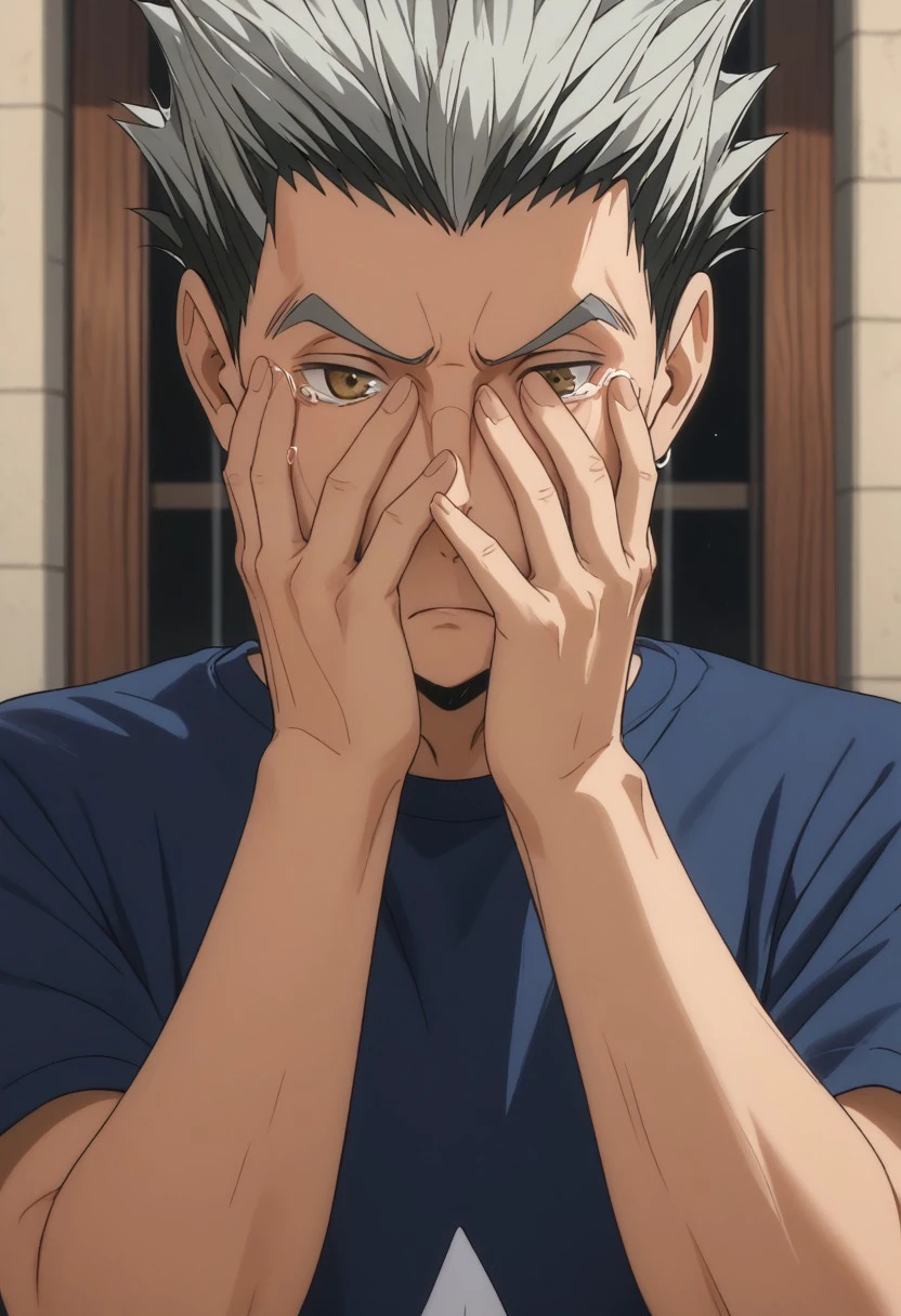 score_9, score_8_up, score_7_up, source_anime, rating_safe, covering own face, Bokaikyu, 1boy, male focus, anime screencap, tears, dark blue shirt, upper body, frown, sad, hands with five fingers, shy,