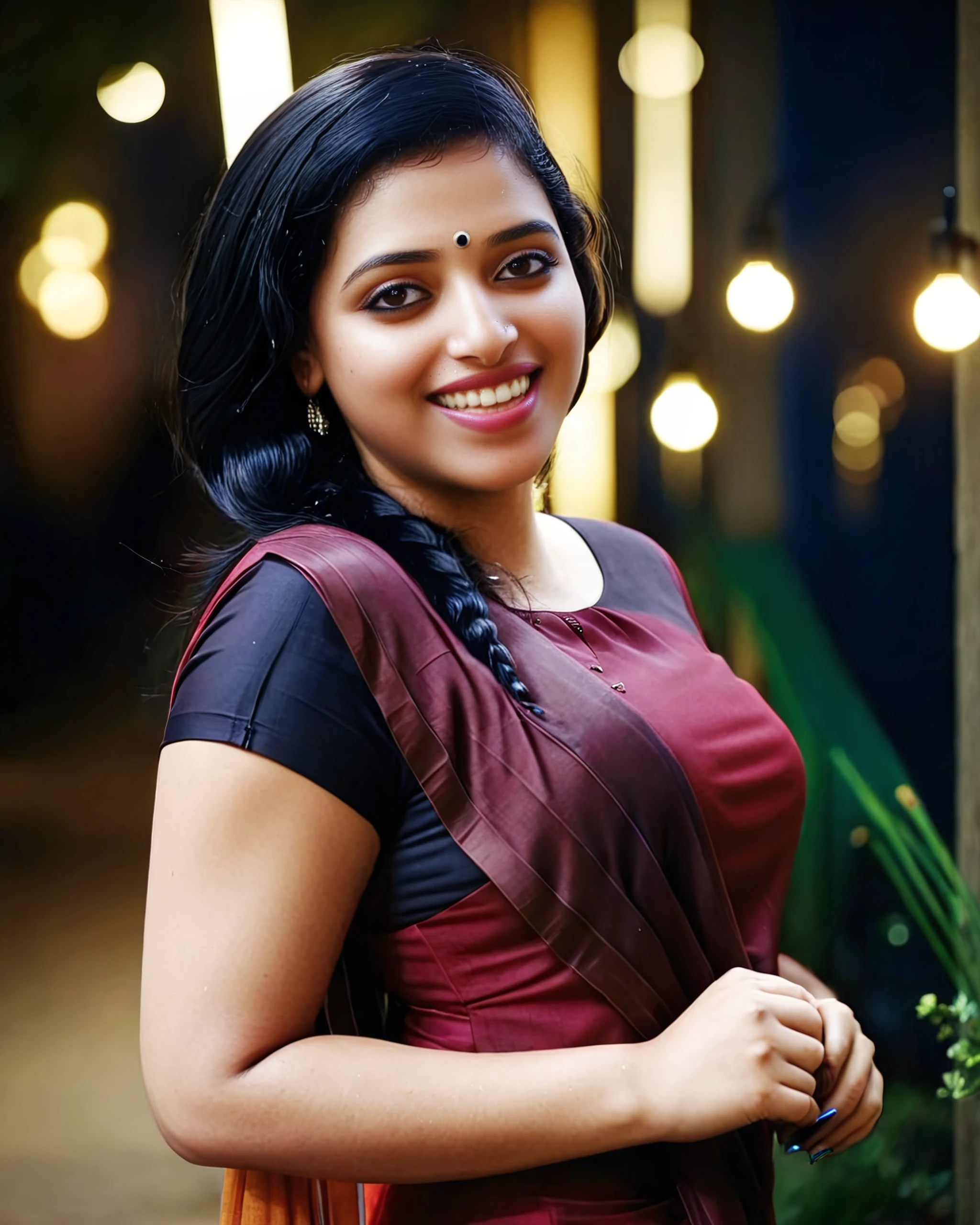 upper body photo of Anu Sithara woman, solo, bob hair cut, laughing, nose piercing, looking at the camera,  Crimson saree and blouse, night time, contrasting background bokeh,    <lora:Anu_Sithara_SDXL_LoRA_prodigy_local_xformers_HNE-000010:1>