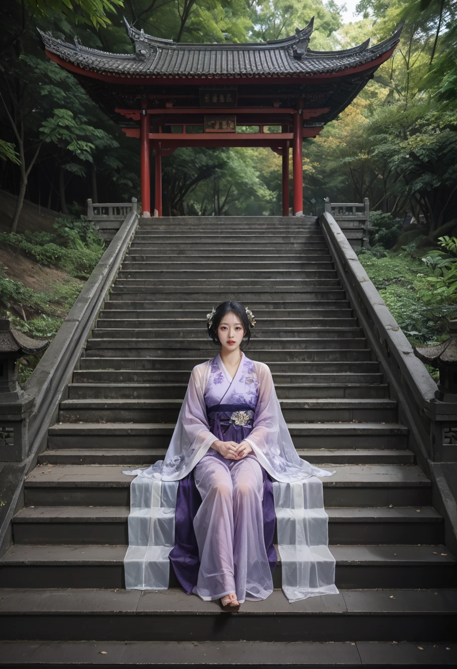 ,ruanyi0824,outdoors,forest,east asian architecture,stairs,
,ruanyi0752,hanfu,purple dress,see-through,wide sleeves,sitting,<lora:0824 building in forest_v1_pony:1>,<lora:0752 Wisteria butterfly hanfu_v1_pony:0.9>, score_9,score_8_up,score_7_up,,8k,1girl,solo,,