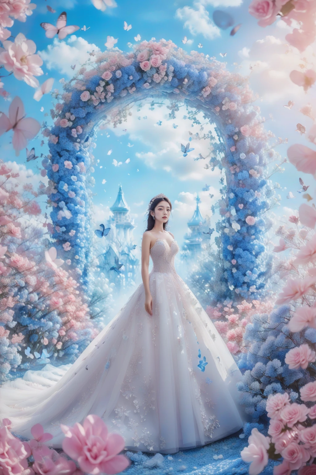 1girl, blue wedding dress, looked at viewer,blue crystal palace surrounded by flowers and trees,blue sky and clouds,against a pink dreamy background,full body shot,in the style of fantasy, high-definition,photography,dreamy background,lighting shooting,soft lighting , super details,surrealism,panoramic style,princess dress, <lora:JAY - FLOWER GATE LOVER:0.8>, (best quality:1.3)