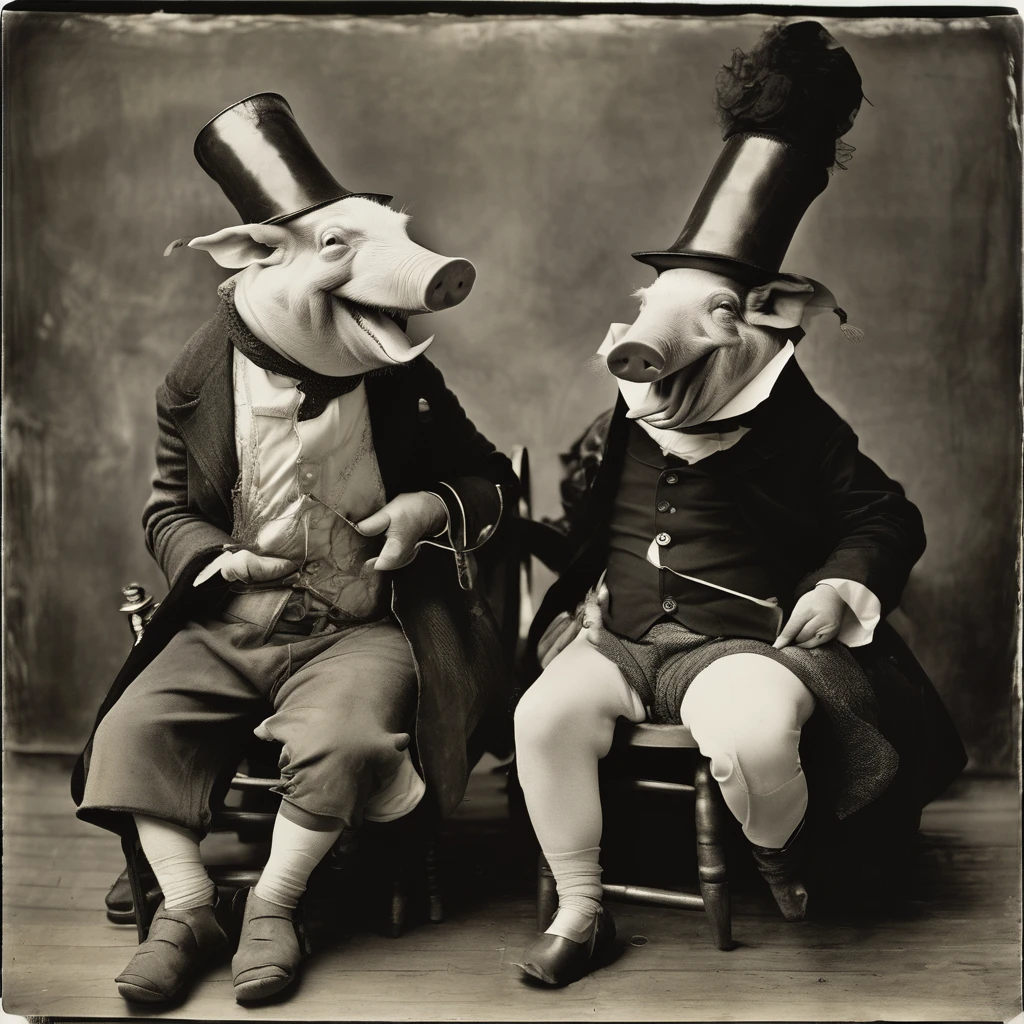 hru, two pigs sitting next to each other on a chair and laughs<lora:hogs-cnt:1> photo by Joel-Peter Witkin