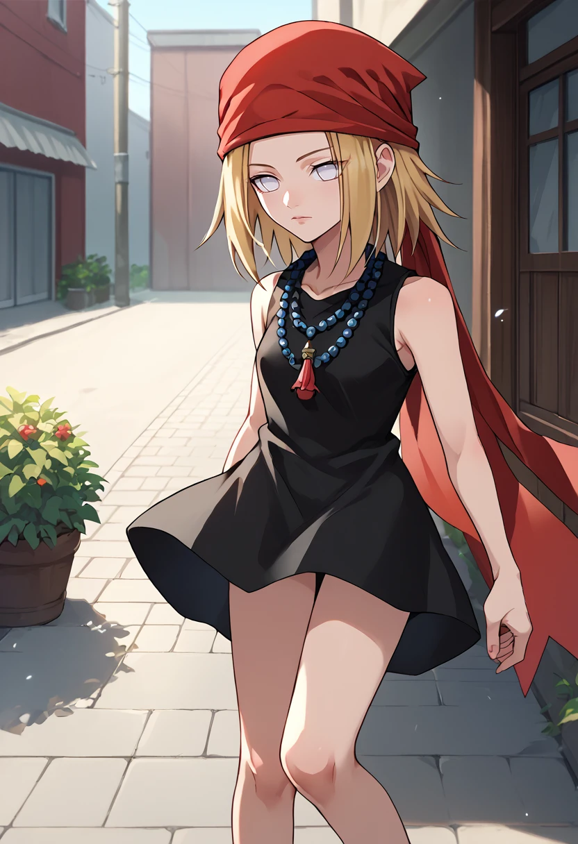 score_9,  score_7_up,  1girl, white eyes,   <lora:Byakugan 3-000009:1>   <lora:Anna  T1  warmup:1> kojiann, short hair, blonde hair, black short dress, sleeveless, bead necklace, red bandana, outdoors,