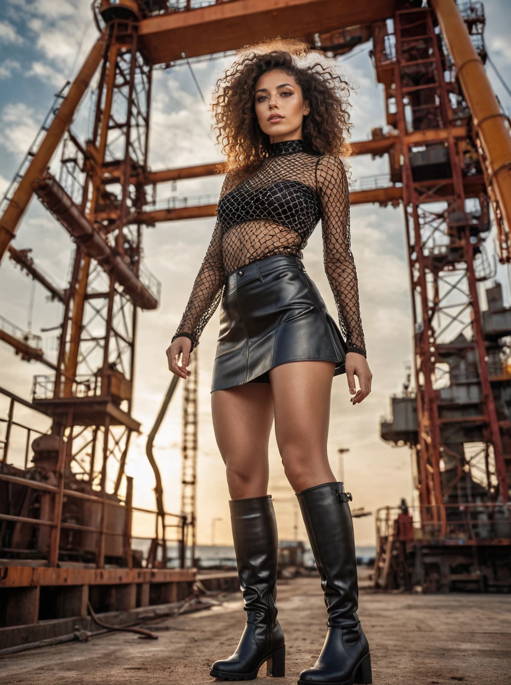 A ravishing Brazilian lady with curly, dark hair,Bald,Light brown hair,dressed in a high-neck mesh top with a leather mini skirt and knee-high boots,low angle shot,Oil rig,style by Jacek Yerka,,Sony A9 II,rim light