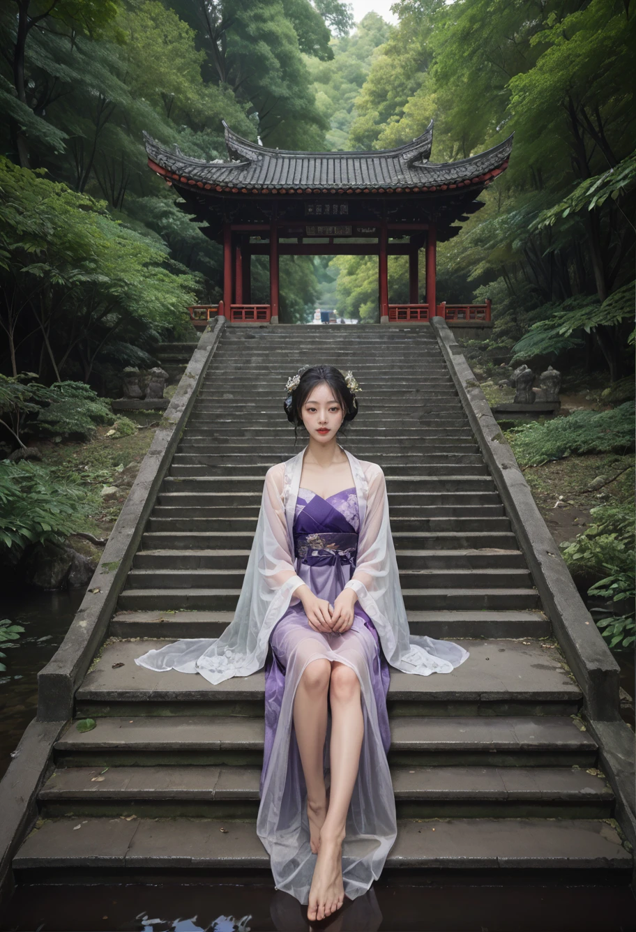 ,ruanyi0824,outdoors,forest,east asian architecture,stairs,
in water,,ruanyi0752,hanfu,purple dress,see-through,wide sleeves,sitting,<lora:0824 building in forest_v1_pony:1>,<lora:0752 Wisteria butterfly hanfu_v1_pony:0.7>, score_9,score_8_up,score_7_up,,8k,1girl,solo,,