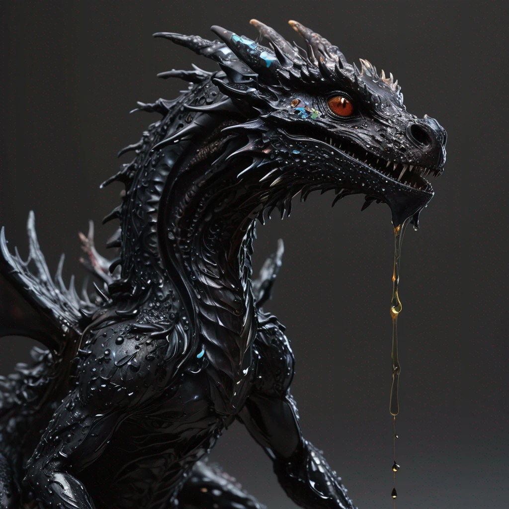 a fantasy medieval dragon made of crude oil,spill oil,dripping and melting