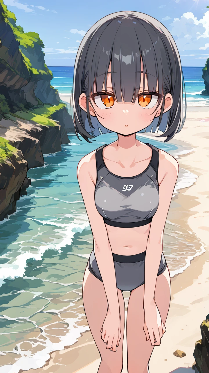 <lora:Pantai_Suluban_Beach:0.9>, (anime coloring, anime visual), masterpiece, best quality, high quality, ((view from ground)), Pantai_Suluban_Beach, beach, cliff, ocean, clear water, black wavy short hair girl with orange eyes wearing (gray sports bra and gray sports panty), :o, blunt bangs, half closed eyes, (cowboy shot)