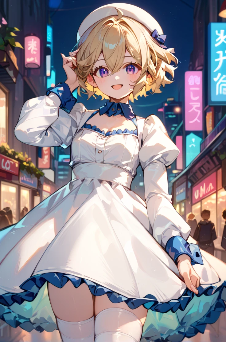 score_9, score_8_up, score_7_up, source_anime, 
city, street, cityscape, blurry background,
cowboy shot, light smile,
adjusting hair, open smile, blush,
<lora:iwanaga_autismConfetti_v01:0.9>
blonde hair, short hair, hair between eyes, purple eyes, white beret,
white dress, puffy sleeves, frills, long sleeves, white thighhighs, blue collar, sleeve cuffs,, zPDXL