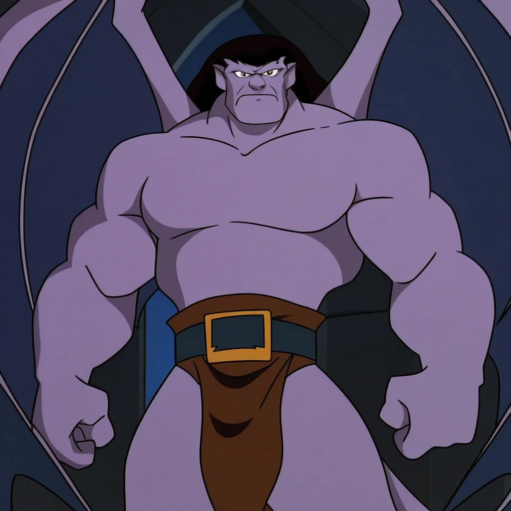 goliath, bara, tall muscular figure, flexing arms, muscular pecs, six pack abs, muscular arms, loincloth, black hair, tail, highly detailed face, highly detailed eyes, looking at viewer, serious face, arms at side, high quality, large open wings in a castle