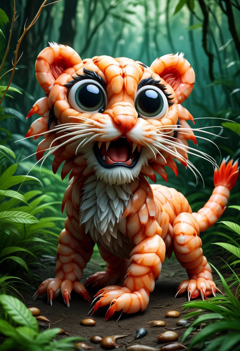 5HR1MP5, a cute tiger is made of shrimps, big eyes,  roaring and attacking birds, set in the forest, ,Masterpiece,best quality, raw photo, realistic, very aesthetic