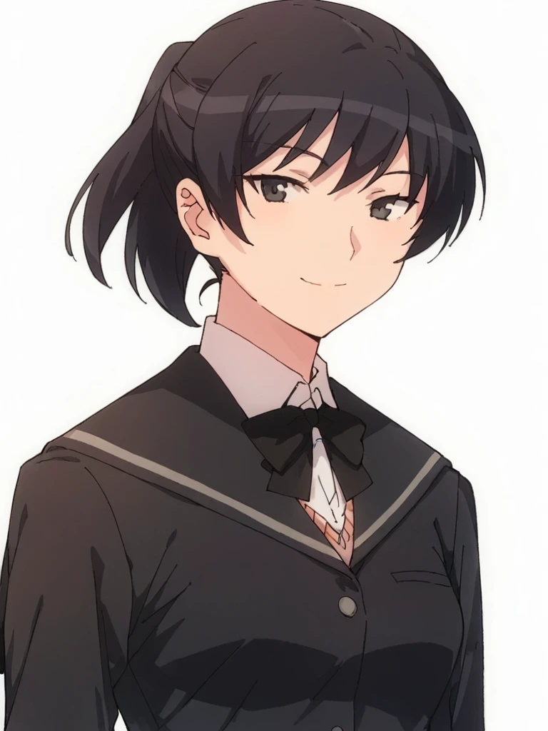 score_9, score_8_up, score_7_up, 
1girl, tsukahara hibiki, black hair, ponytail, black eyes,
medium breasts,
standing, looking at viewer, smile,

school uniform, black bowtie, blazer, black sailor collar,

solo, white background, 