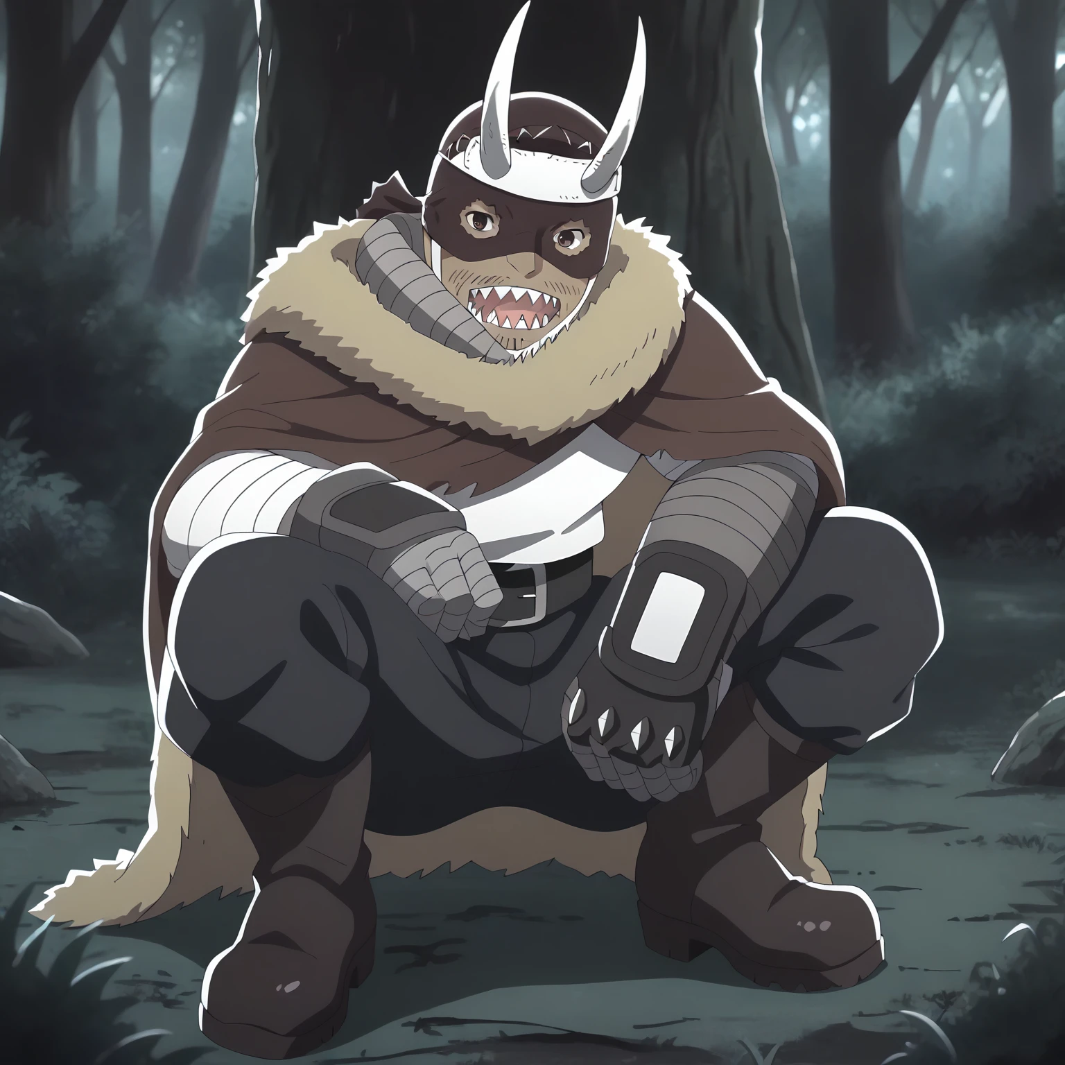 <lora:IBtSWTFF_AshuraXLpony001>,
open mouth,
solo,
Ashura,1boy,mask,horned headwear,headband,brown eyes,sharp teeth,
fur-trimmed cape,
white shirt,
bandages arms,gauntlets,
black belt,black pants,
boots,
outdoors,nature,
squatting,