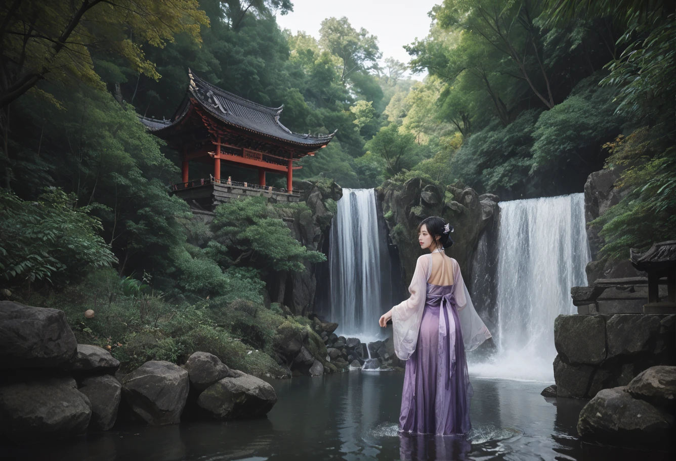 ,ruanyi0824,outdoors,forest,waterfall,east asian architecture,
in water,,ruanyi0752,hanfu,purple dress,see-through,wide sleeves,<lora:0824 building in forest_v1_pony:1>,<lora:0752 Wisteria butterfly hanfu_v1_pony:0.7>, score_9,score_8_up,score_7_up,,8k,1girl,solo,,