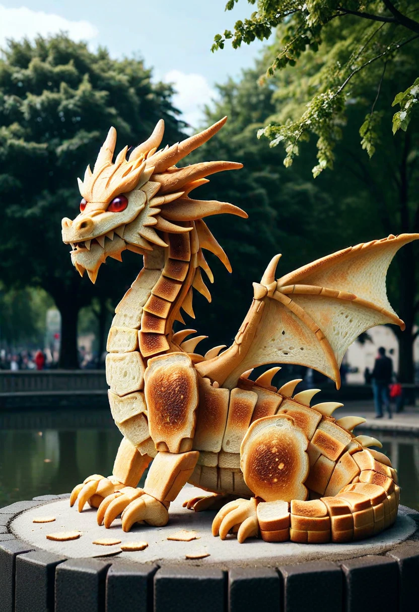 T04STS, a dragon made of toasts, set in a public park, city, ,Masterpiece,best quality, raw photo, realistic, very aesthetic