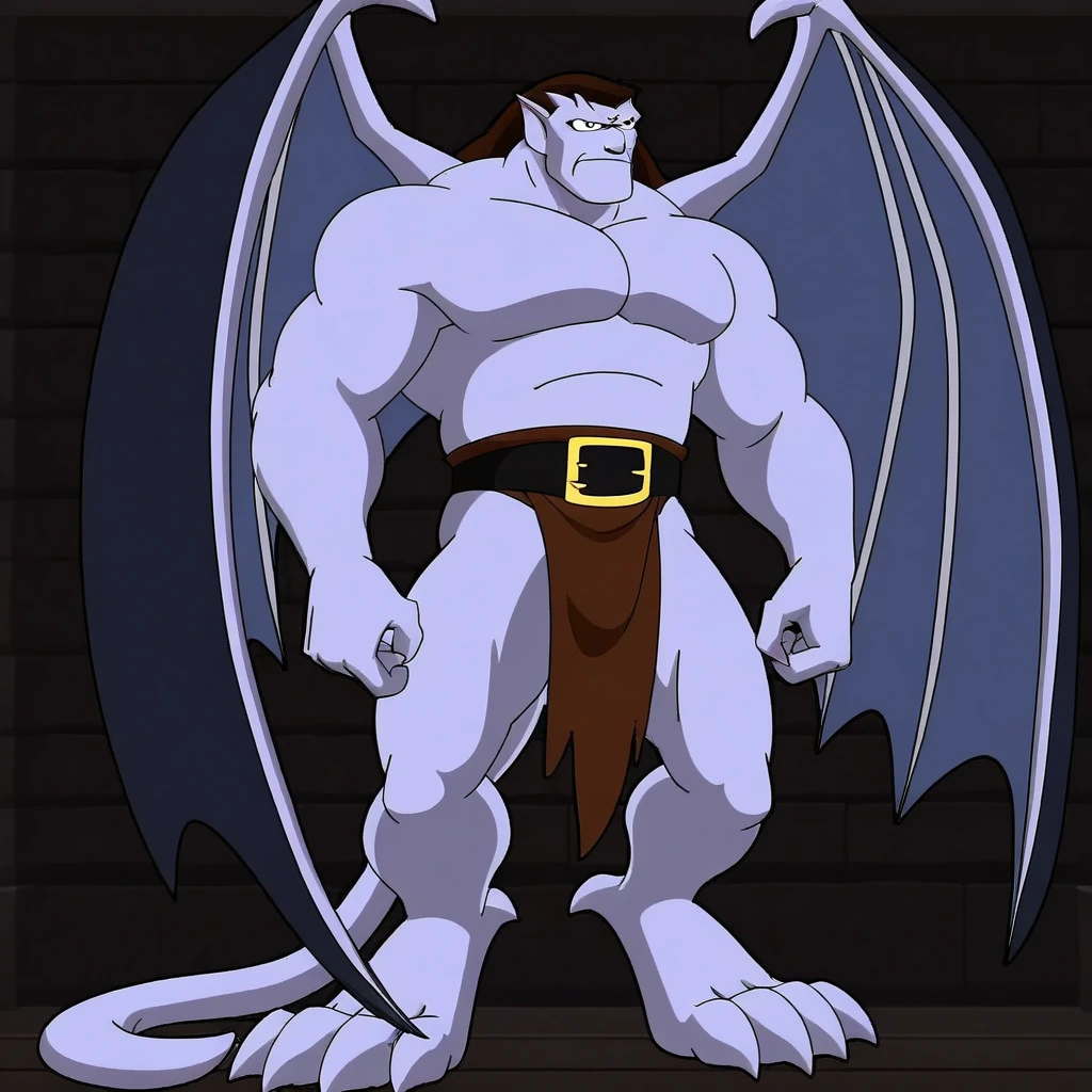 standing tall, serious face, very muscular figure, muscular pecs, muscular arms, flexing arms, in a bedroom, detailed face, loincloth, tail, large open wings