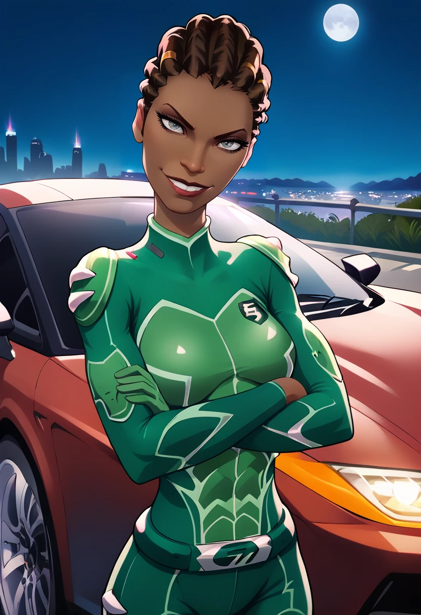 score_9, score_8_up, score_7_up,score_6_up, source_realistic, city, night time, against car, sport car, lamborghini,  head tilt, g4n1m3,<lora:g4n1m3XLP:1>
BREAK
agura ibaden, dark skin, green bodysuit, medium breasts, toned, dreadlocks, hair_bun,  narrow waist, grey eyes,crossed arms, smirk,  <lora:agura:1> <lora:Smooth Anime 2 Style SDXL_LoRA_Pony Diffusion V6 XL:1>