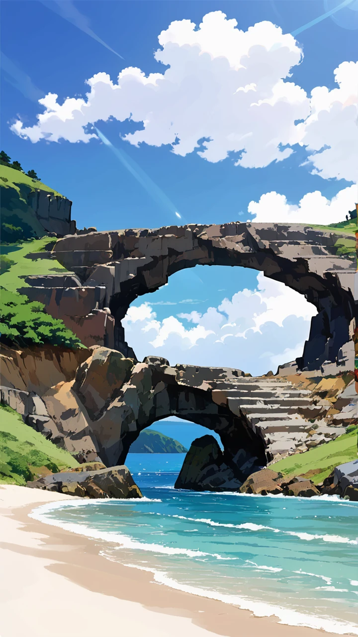 <lora:Ogasawara_Beach_Pony:0.9>, (anime coloring, anime visual), masterpiece, best quality, high quality, (Ogasawara_Islands), beach, clear water, cliff, rock, island, blue sky,