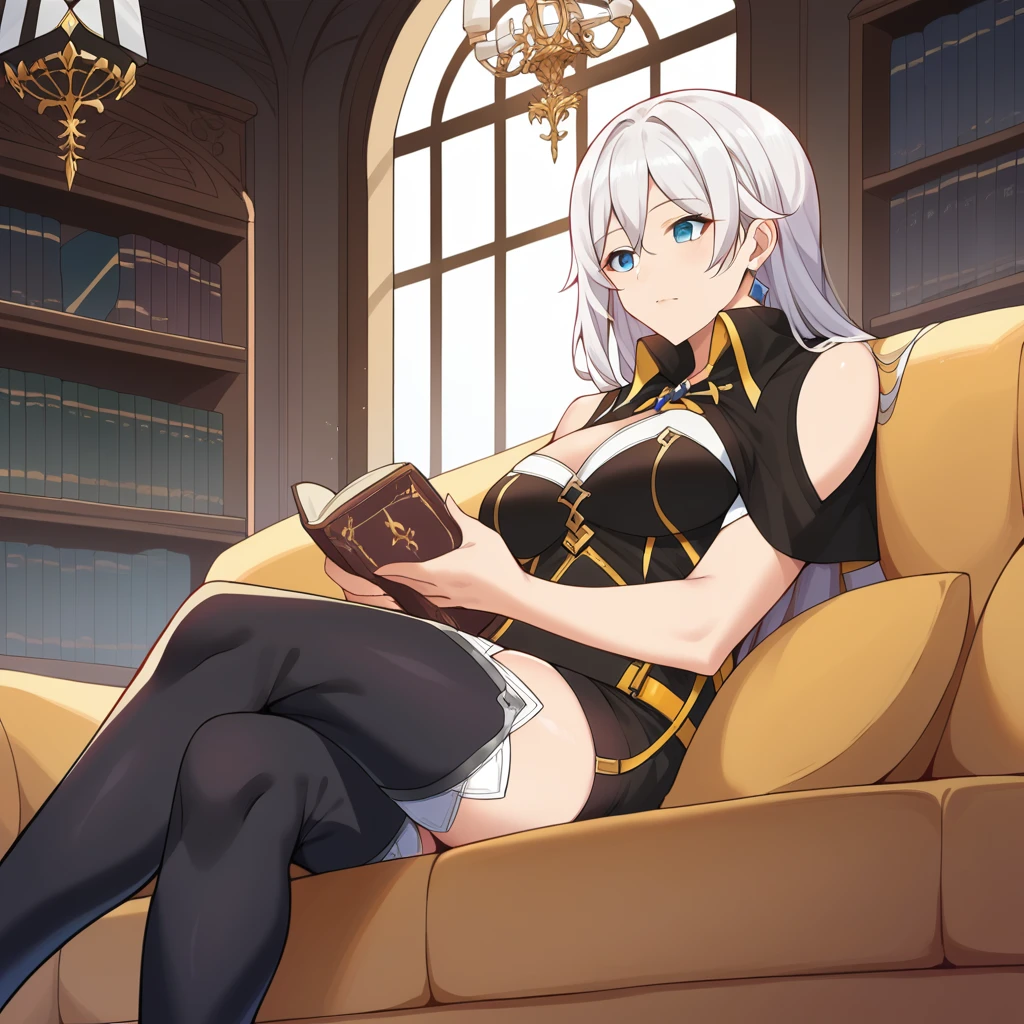 score_9_up, score_8_up, score_7_up, source_anime, masterpiece, best quality, 1girl, solo, Cecilia, Cecil_Def, night time, window, book shelves, chandelier, sitting on couch, crossed legs, head rest, holding book, looking at book, from side, from below, pensive, long hair, white hair, blue eyes, hair ornament, black dress, black shorts, yellow belt, high collar, thighhighs, thigh boots, black short capelet, cleavage, shoulder cutout, bare shoulders, earrings, mature body, dynamic cowboy shot, indoors, library background,