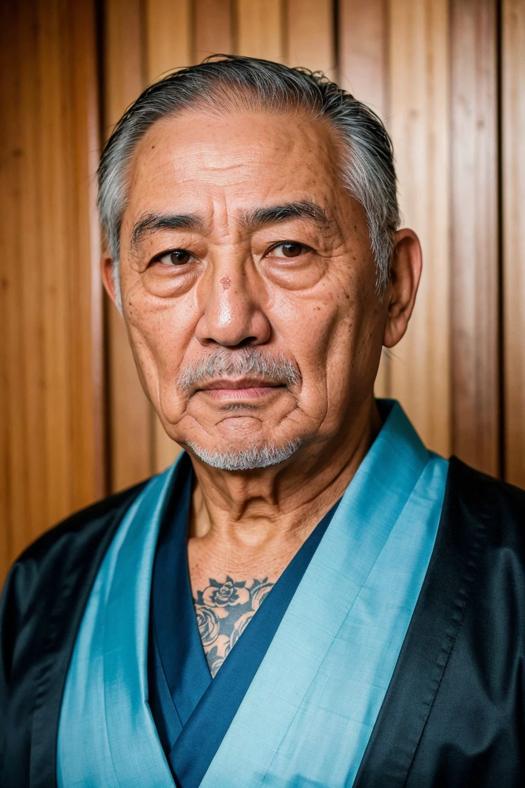 (8k, RAW photo, highest quality), an old wisely grandpa, former yakuza, wearing a kimono, dangerous looking, tattoos, skin pores, skin blemish, extremely high-resolution details, photographic, realism pushed to extreme, fine texture, 4k, ultra-detailed, high quality, high contrast, 35mm photograph, Supreme Precision, Immaculate Realism, instagram style, Vivid Artistry