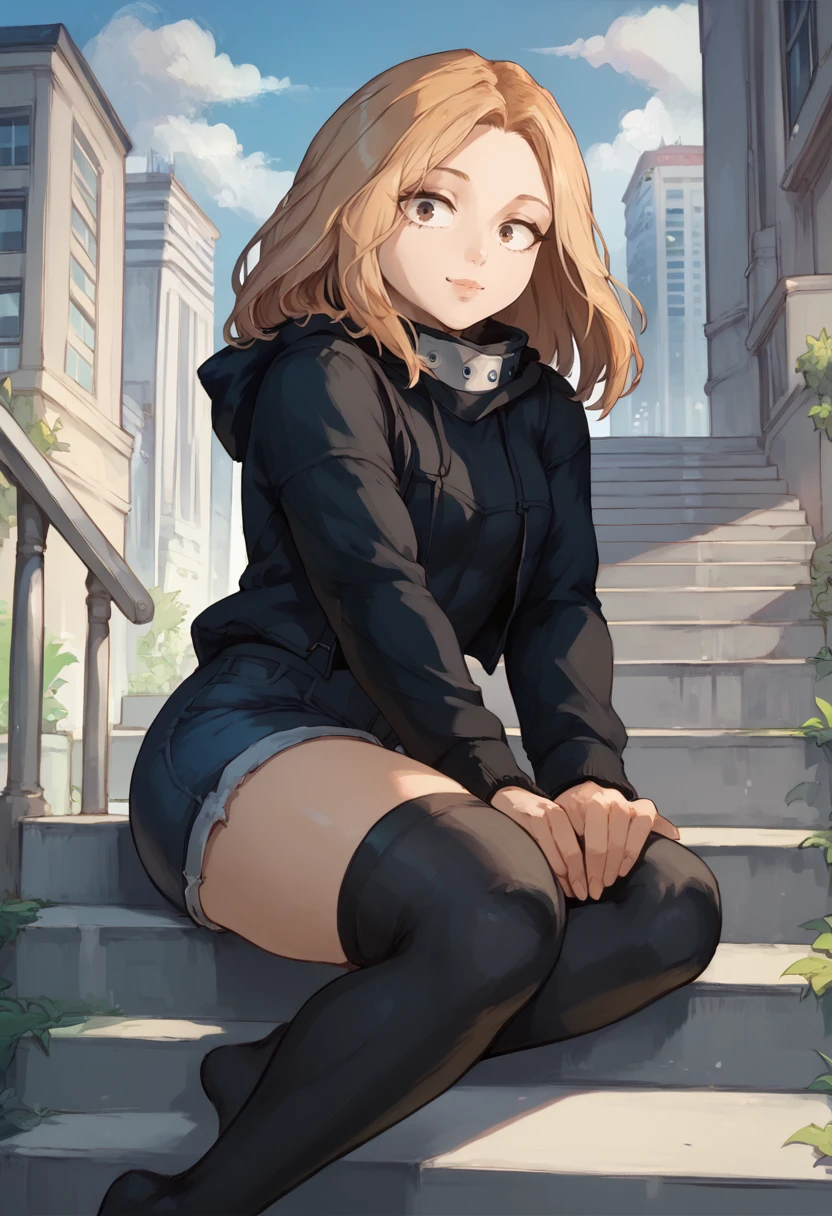 score_9, score_8_up, score_7_up, solo, 1girl, utsushimi camie, smile, looking at viewer, sitting, stairs, black hoodie, blue shorts, denim shorts, black thighhighs, outdoors, cityscape <lora:mha_utsushimi_ponyXL:1>