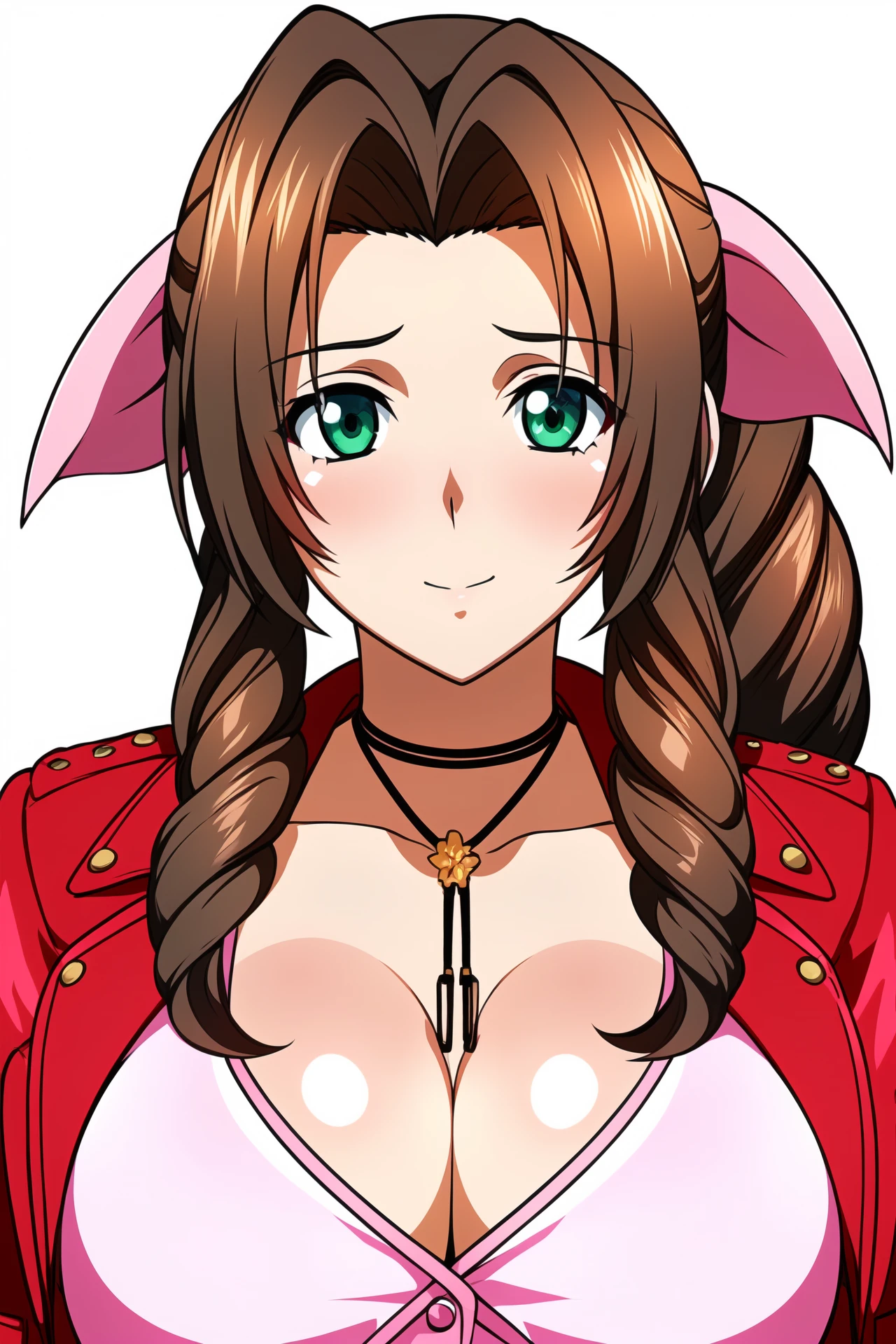 Simple Background,(White_Background:1.1),
dynamic pose,standing at attention,
pink bow, pink shirt, red jacket, collarbone, cleavage, 
<lora:Aerith_Gainsborough_FF7-KK77-V1:0.7>, jewelry, choker, 
Green eyes, brown hair,bangs,Long hair,drill hair,
<lora:more_details:0.1>,<lora:NovelAI_YesMix5_KKStyle-KK77-Yes5-V1:0.3>,
1 girl, 20yo,Young female,Beautiful long legs,Beautiful body,
Beautiful Nose,Beautiful character design, perfect eyes, perfect face,expressive eyes,perfect balance,
looking at viewer,(Focus on her face),closed mouth, (innocent_big_eyes:1.0),(Light_Smile:0.3),
official art,extremely detailed CG unity 8k wallpaper, perfect lighting,Colorful, Bright_Front_face_Lighting,White skin,
(masterpiece:1.0),(best_quality:1.0), ultra high res,4K,ultra-detailed,
photography, 8K, HDR, highres, absurdres:1.2, Kodak portra 400, film grain, blurry background, bokeh:1.2, lens flare, (vibrant_color:1.2),professional photograph,
(Beautiful,large_Breasts:1.4), (beautiful_face:1.5),(narrow_waist),