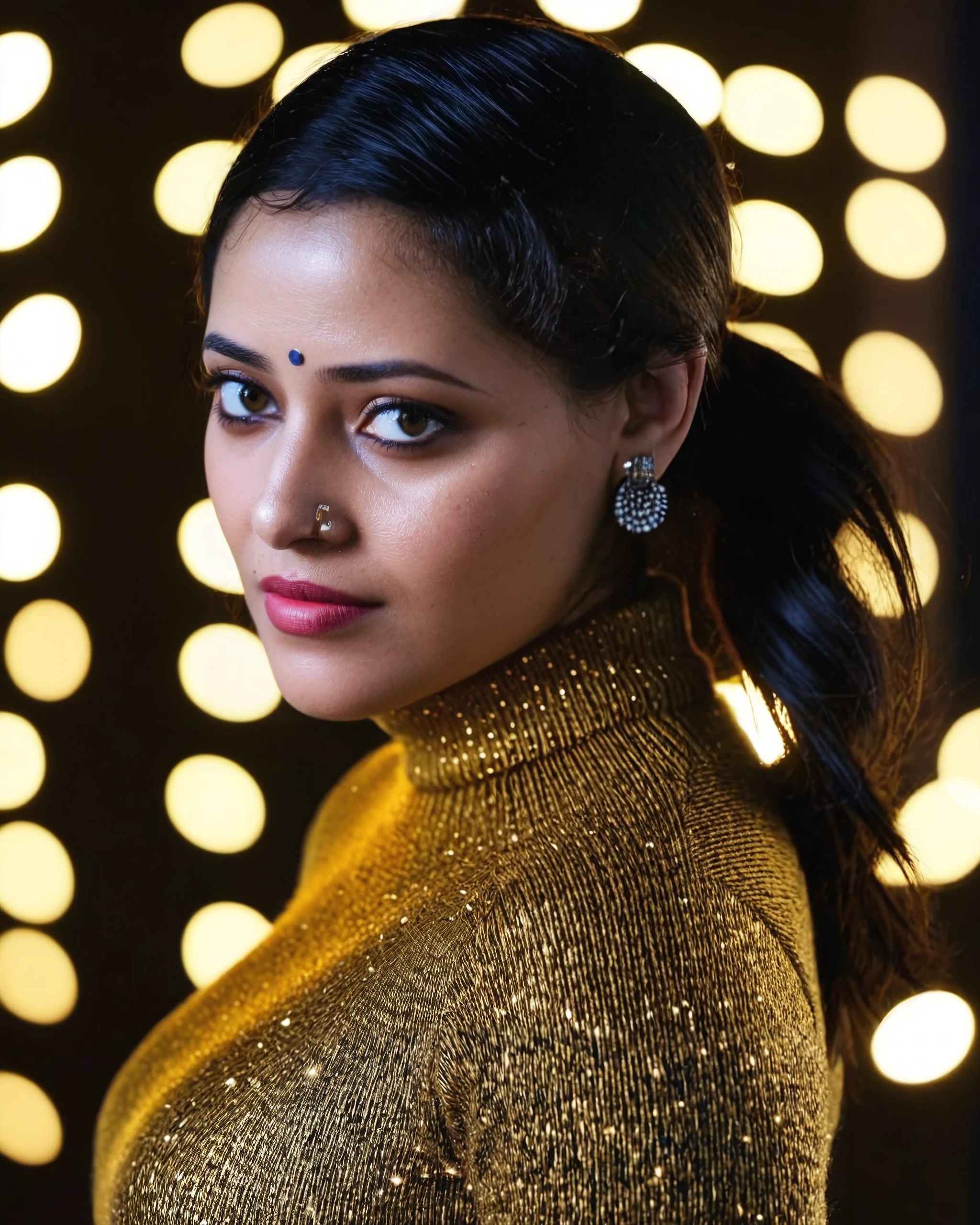 upper body photo of Anu Sithara woman, solo, ponytail hair cut, serious look, nose piercing, looking at the camera,  Gold turtleneck sweater, night time, contrasting background bokeh,    <lora:Anu_Sithara_SDXL_LoRA_prodigy_local_xformers_HNE-000010:1>