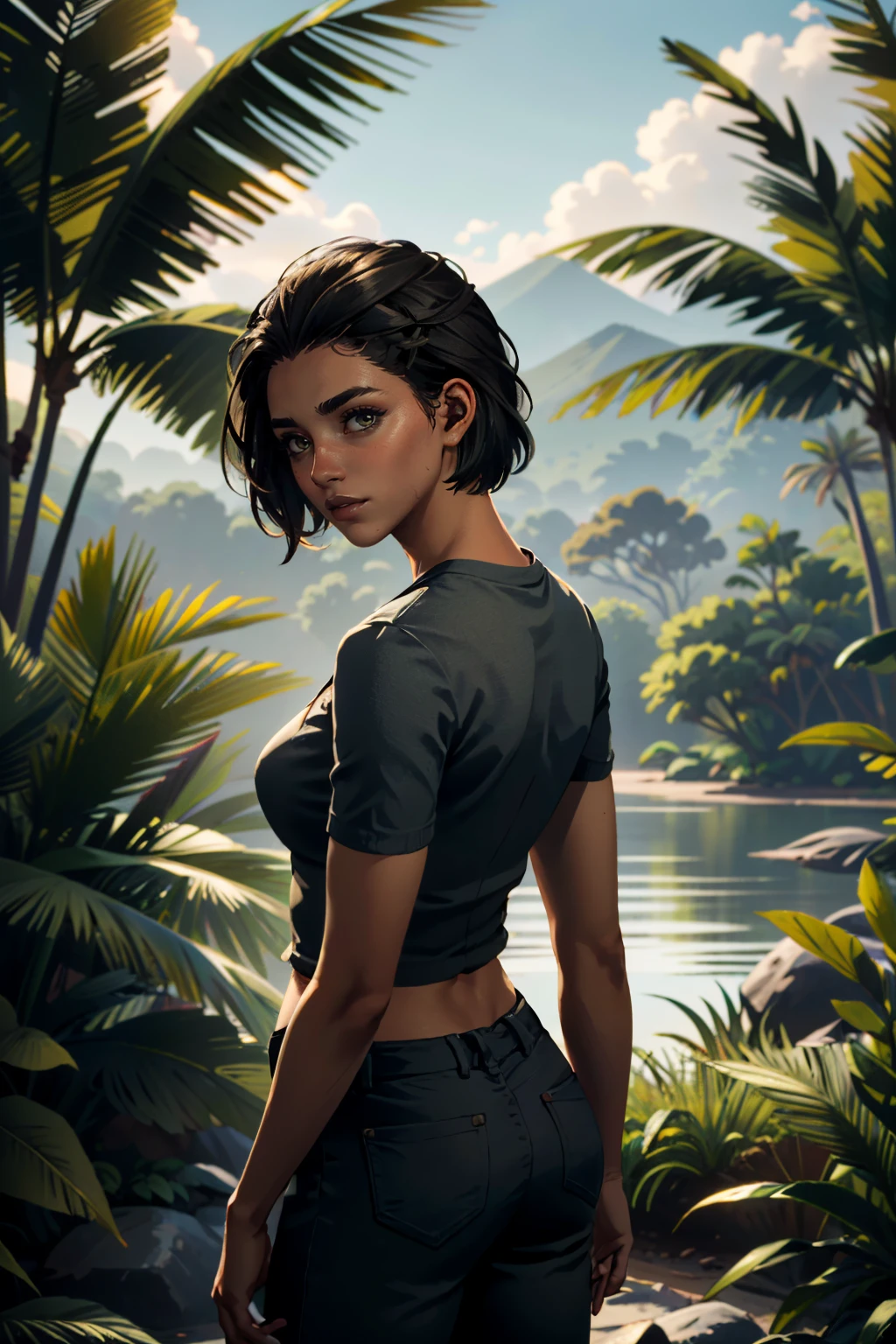 ((ultra detailed, masterpiece, absurdres))
 <lora:FC6Dany:0.8>
FC6Dany, 1girl, short hair, dark skin, looking at viewer, in a lush jungle with vibrant flowers, from behind, looking back