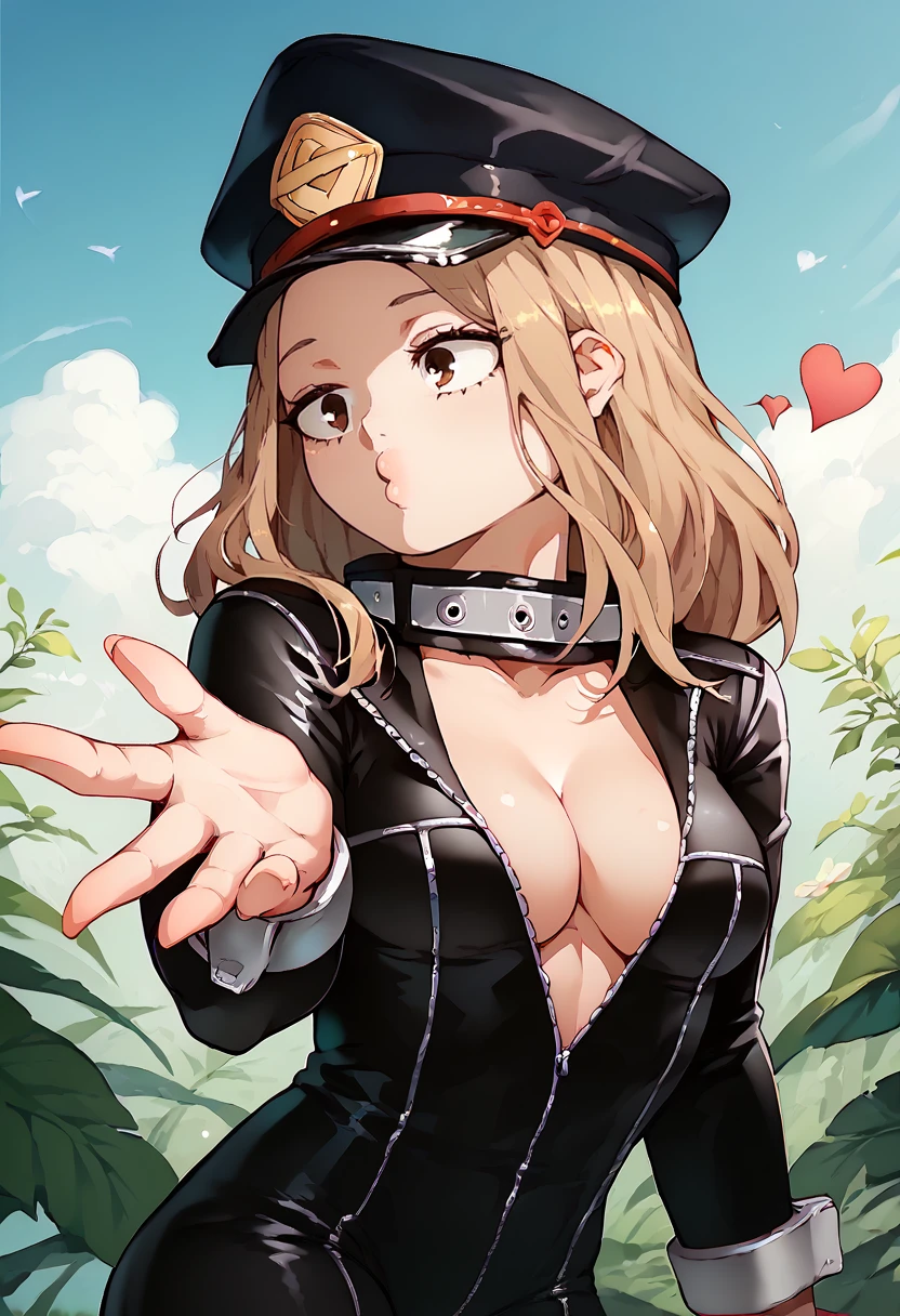 score_9, score_8_up, score_7_up, solo, 1girl, utsushimi camie, IncrsBlowingKiss, heart, blowing kiss, black headwear, peaked cap, black bodysuit, open bodysuit, unzipped, cleavage, outdoors <lora:mha_utsushimi_ponyXL:1> <lora:FrierenBlowingKissMeme_XLPD:1>