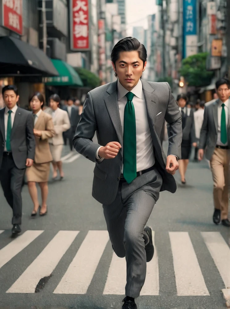 <lyco:Hajime_Ogasawara:0.9>, highly detailed professional 8k raw photography, best hyperrealistic quality backgrounds, volumetric real-time lighting and shadows, (Hajime_Ogasawara) wearing gray suit, green tie, an Asian man running in tokyo city, black eyes, Black_Hair