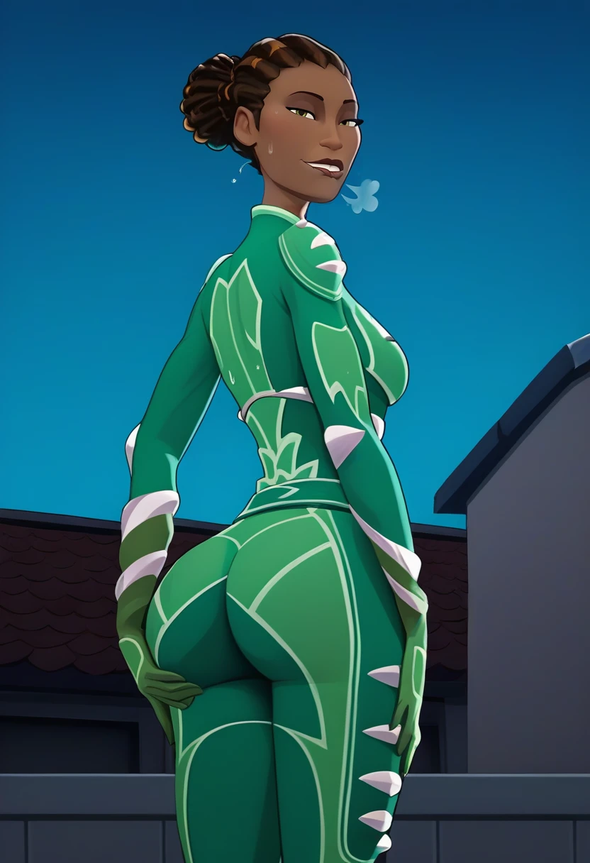 score_9, score_8_up, score_7_up,score_6_up, source_realistic, roof, night, ultra detailed, high quality, rating_safe,
BREAK
agura ibaden, dark skin, green bodysuit, dreadlocks, hair_bun, narrow waist, standing, back view, focus ass, grabbing own ass,(in heat:1.3),biting own lip, looking at viewer, half-closed eyes, <lora:agura:1> <lora:Bubble Butt_alpha1.0_rank4_noxattn_last:2.5>