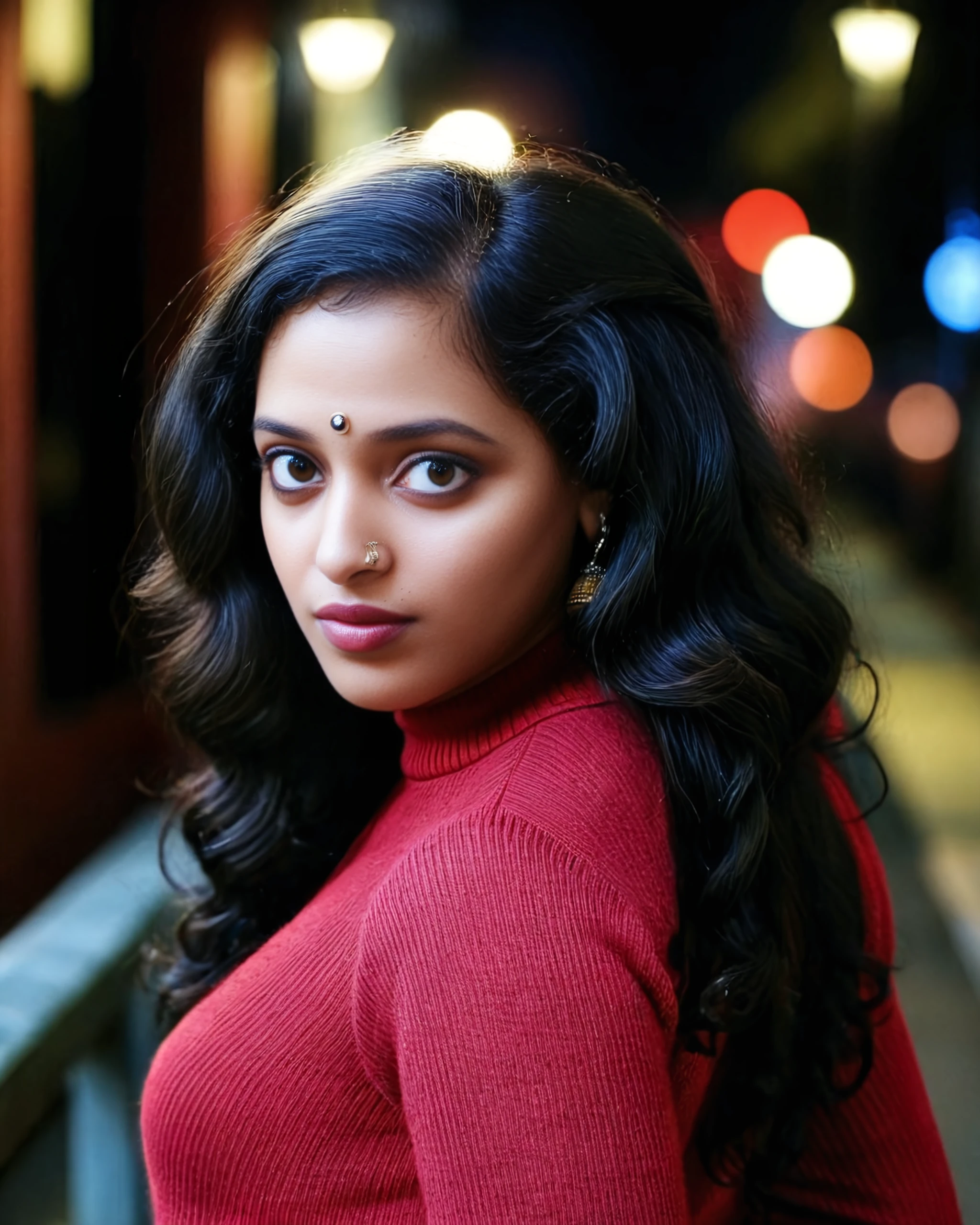 portrait photo of Anu Sithara woman, solo, curls hair cut, serious look, nose piercing, looking at the camera,  Red turtleneck sweater, night time, contrasting background bokeh,    <lora:Anu_Sithara_SDXL_LoRA_prodigy_local_xformers_HNE-000010:1>