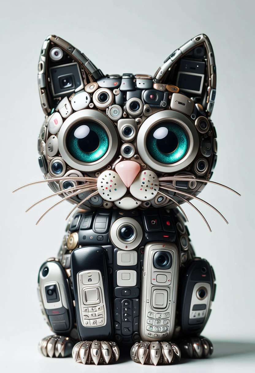 C3LLPH0N3S, a cute cat made of cell phones, detailed face, (big eyes:0.9), detailed eyes, ,Masterpiece,best quality, raw photo, realistic, very aesthetic