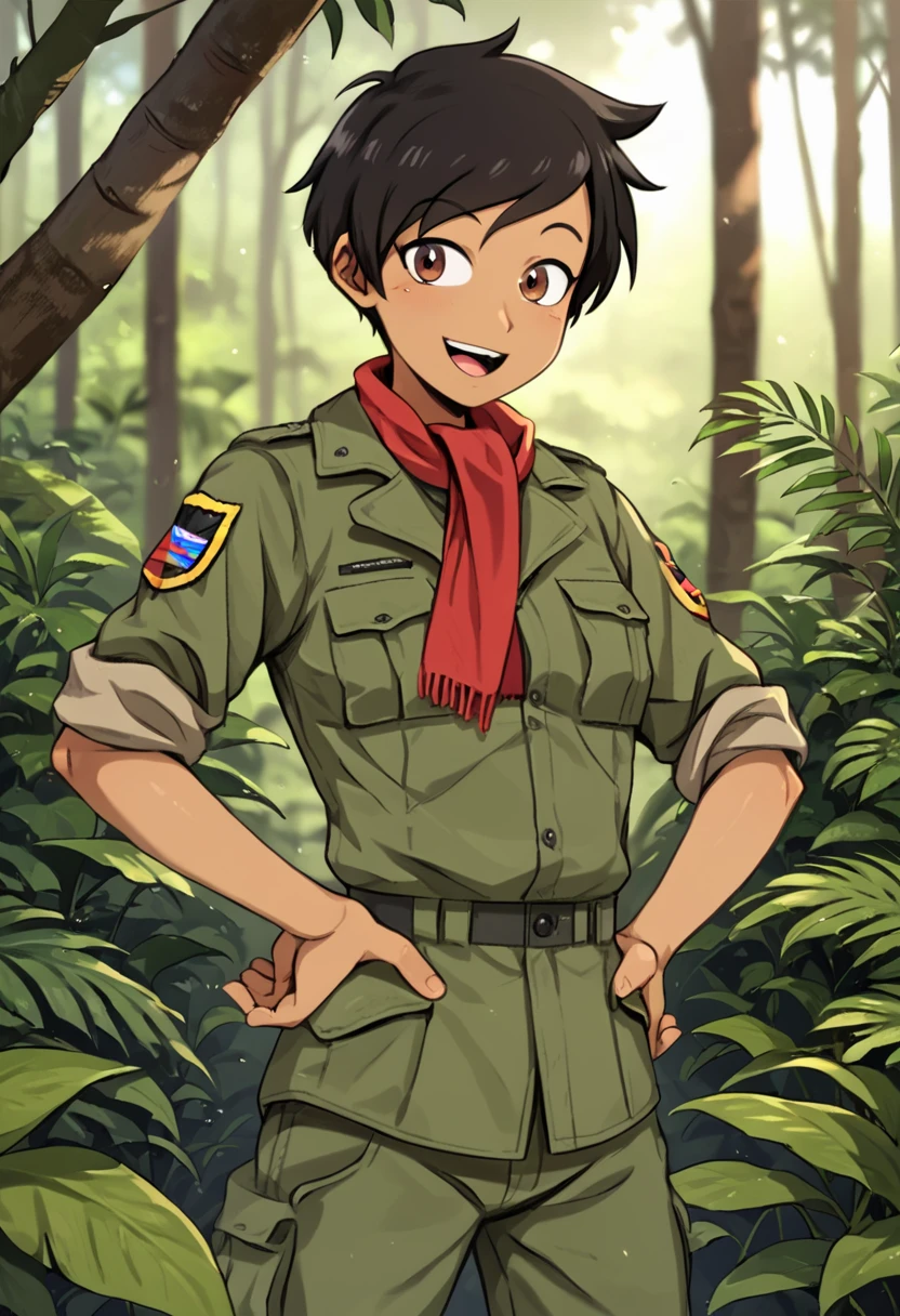 score_9,score_8_up,score_7_up,source_anime,1girl,xinomvn, <lora:xinomvnpony:0.8>,short hair,tomboy,dark-skinned female,black hair,brown eyes,uniform,military uniform,rolled up sleeves,scarf,pants,happy,:d,hands on hips,jungle,outdoors