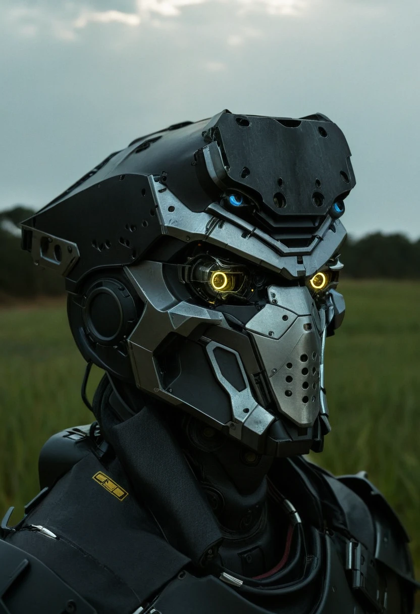 portrait, advanced head gear, vr, bolts, metallic surfaces, realistic grain, armour,  mask, cloaked, dark lighting, field of view, mecha, robot, cyberpunk, 

7-hyperhelmets, reflections, realistic lighting, 