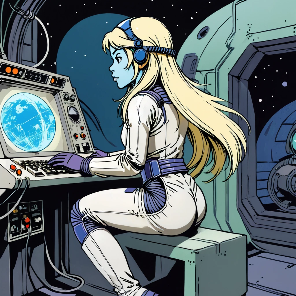 masterpiece, best quality, ultra_detailed, highres, absurdres, khany \(yoko tsuno\) <<lora:khany_xl_v4:0.8>, 1girl, solo, colored skin, blue skin, khany \(yoko tsuno\), 1girl, solo, blonde hair, gloves, traditional media, long hair, full body, boots, helmet, from side, spacesuit, space helmet, transparent helmet, underground science lab, graphic novels illustration, 1990s \(style\), traditional media, retro artstyle, futuristic, science fiction, (intricate details, extremely detailed:1.15), (ultrahigh resolution textures), (volumetric, cinematic) lighting