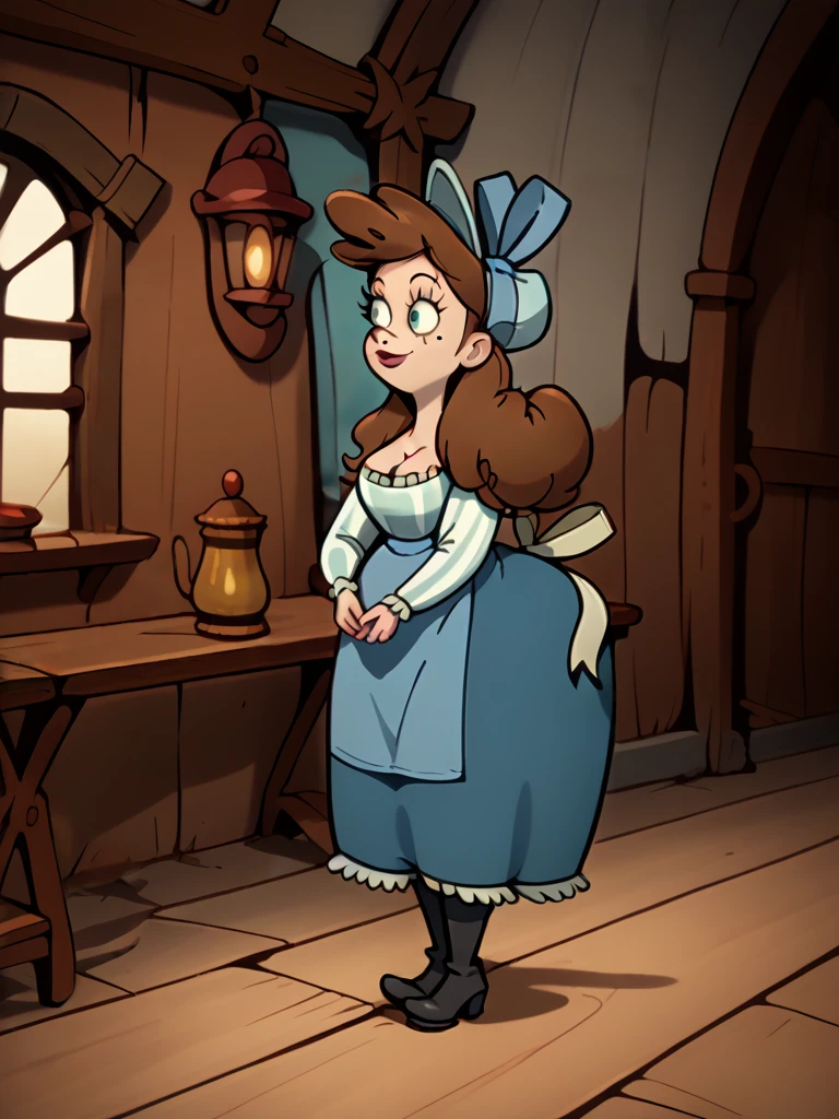 <lora:Ms_Leading_-_Misadventure_of_Flapjack:0.8>1girl, solo, brown hair, mole, long hair, blouse, striped shirt, ruffles, bonnet, bow, hat, puffy sleeves, curvy, bustle dress, blue skirt, blue apron, striped, dress, breasts, cleavage, apron, long sleeves, boots, full body, source_cartoon, score_9, score_8_up, score_7_up,