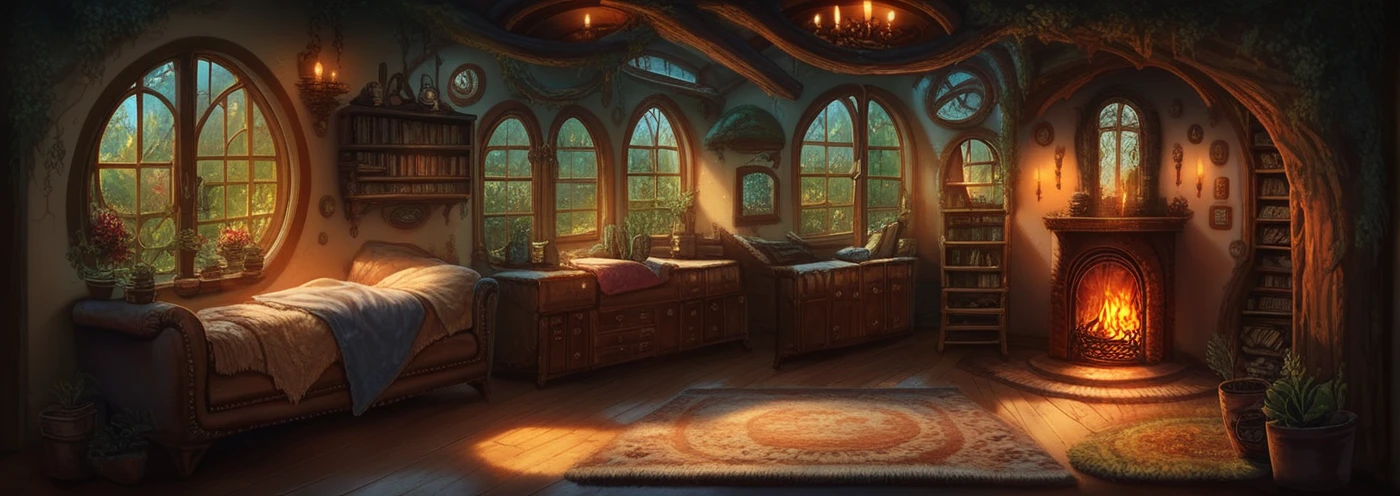 score_9, score_8_up, score_7_up,     realistic lighting, detailed background, sun rays,
 <lora:Cozy_Fantasy:1>,
cozy fantasy, room interior, fireplace, round window, candles, day,bookshelves, wild plants, fur rug, wines, window center, moss,