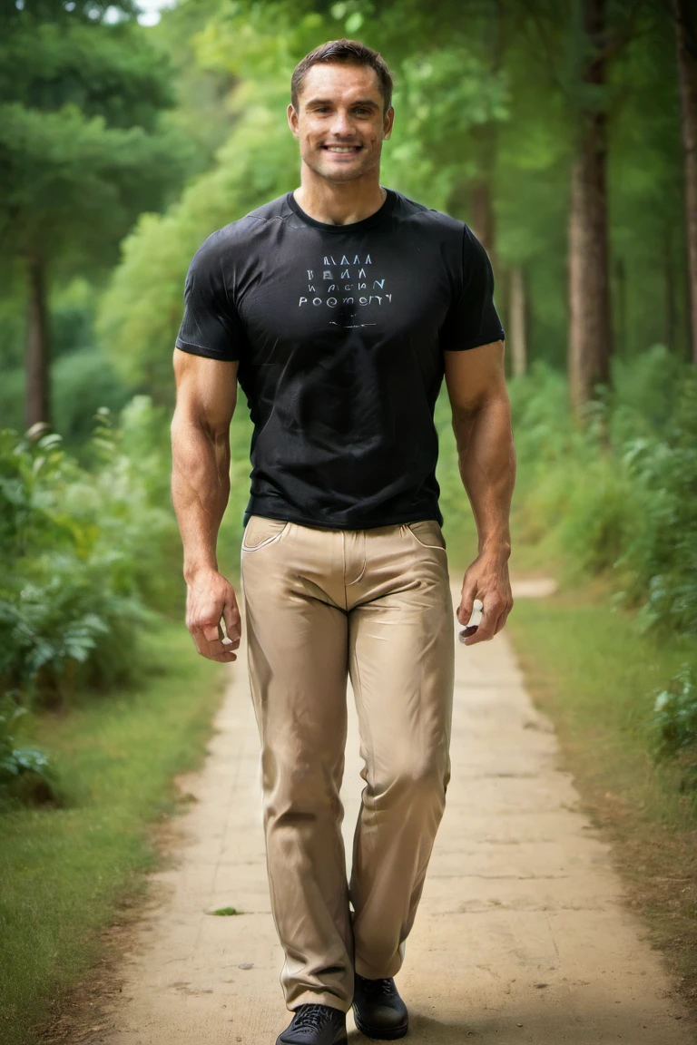 score_9, score_8, score_7, Florent_Mana, male, muscular male,1boy, hands on hips, black shirt, khaki pants, at the forest, solo male, smiling<lora:EMS-434384-EMS:0.950000>