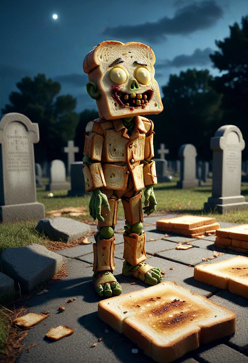 T04STS, a zombie made of toasts, set in a cemetery at night, ,Masterpiece,best quality, raw photo, realistic, very aesthetic