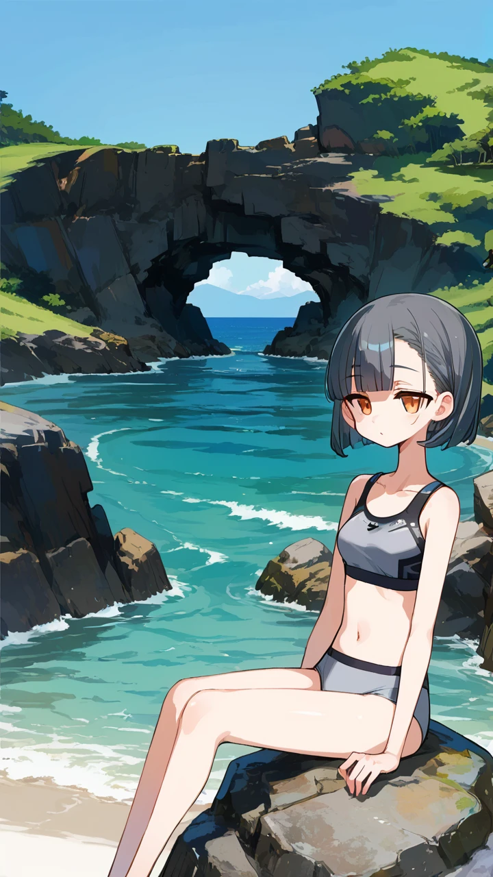 <lora:Ogasawara_Beach_Pony:0.9>, (anime coloring, anime visual), masterpiece, best quality, high quality, (Ogasawara_Islands), clear water, cliff, rock, beach, island, blue sky, black wavy short hair girl with orange eyes wearing (gray sports bra and gray sports panty), :o, blunt bangs, half closed eyes, (sitting on the rock),